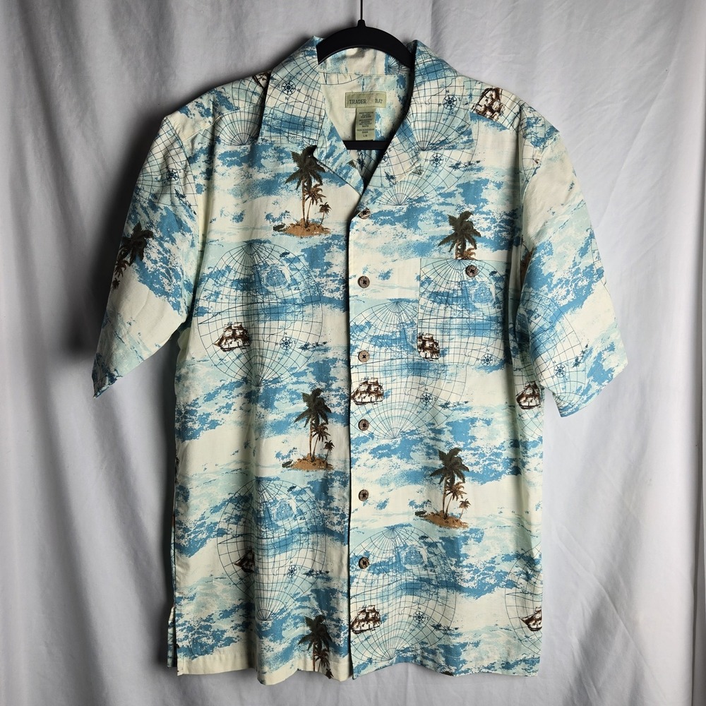 Vintage Trader Bay Nautical Map Island Hawaiian Shirt Mens Large Beach Coastal‎